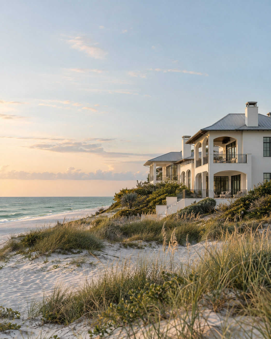 Gulf-front estate among the dunes at dusk