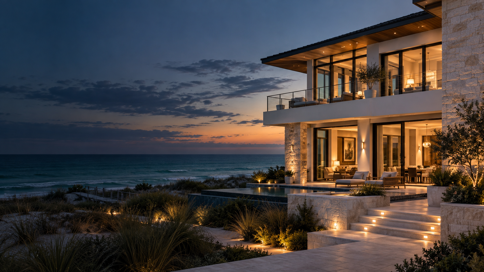 Coastal estate overlooking the Gulf at dusk